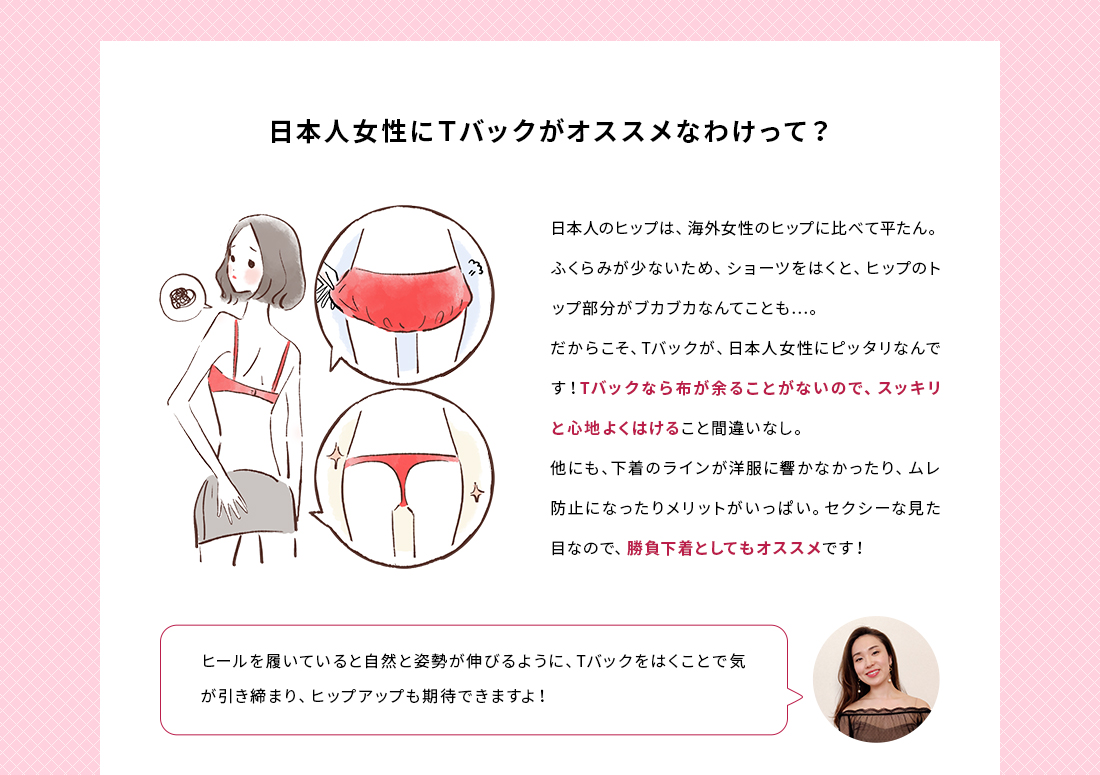 日本人女性にＴバックがオススメなわけって？日本人のヒップは、海外女性のヒップに比べて平たん。ふくらみが少ないため、ショーツをはくと、ヒップのトップ部分がブカブカなんてことも。だからこそ、Tバックが、日本人女性にピッタリなんです！Tバックなら布が余ることがないので、スッキリと心地よくはけること間違いなし。他にも、下着のラインが洋服に響かなかったり、ムレ防止になったりメリットがいっぱい。セクシーな見た目なので、勝負下着としてもオススメです！ヒールを履いていると自然と姿勢が伸びるように、Tバックをはくことで気が引き締まり、ヒップアップも期待できますよ！