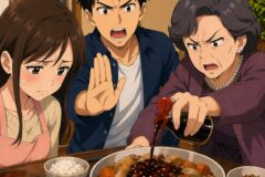 A worried young woman in an apron sits beside a man and an elderly woman who is pouring sauce over a large pot of stew at a dining table.