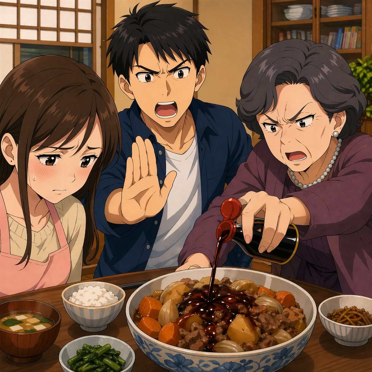 A worried young woman in an apron sits beside a man and an elderly woman who is pouring sauce over a large pot of stew at a dining table.
