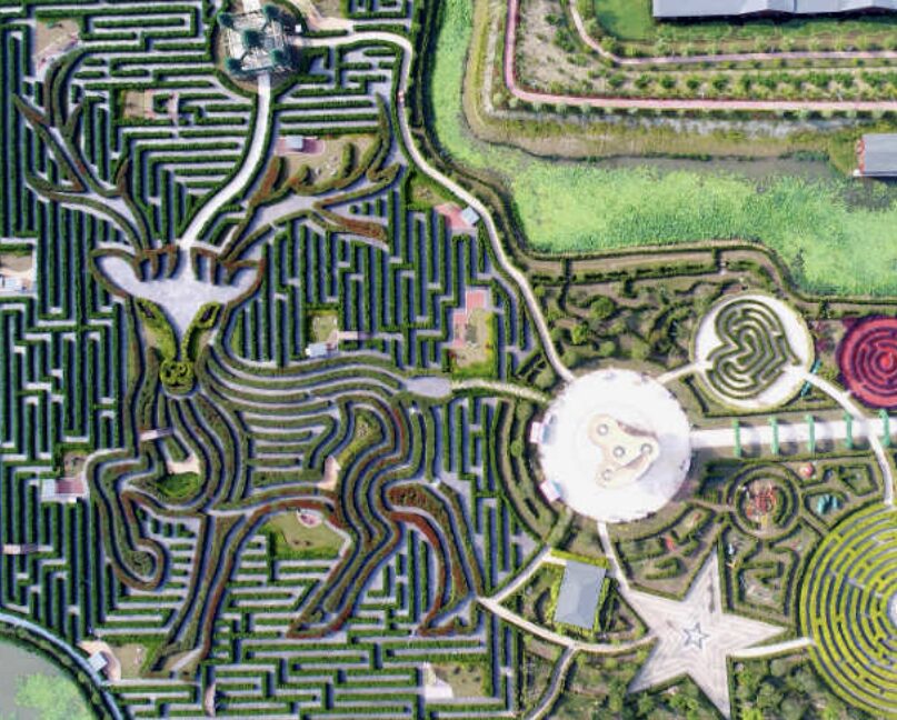 Aerial view of a geometric hedge maze with winding paths and central circular plaza featuring star and heart motifs.