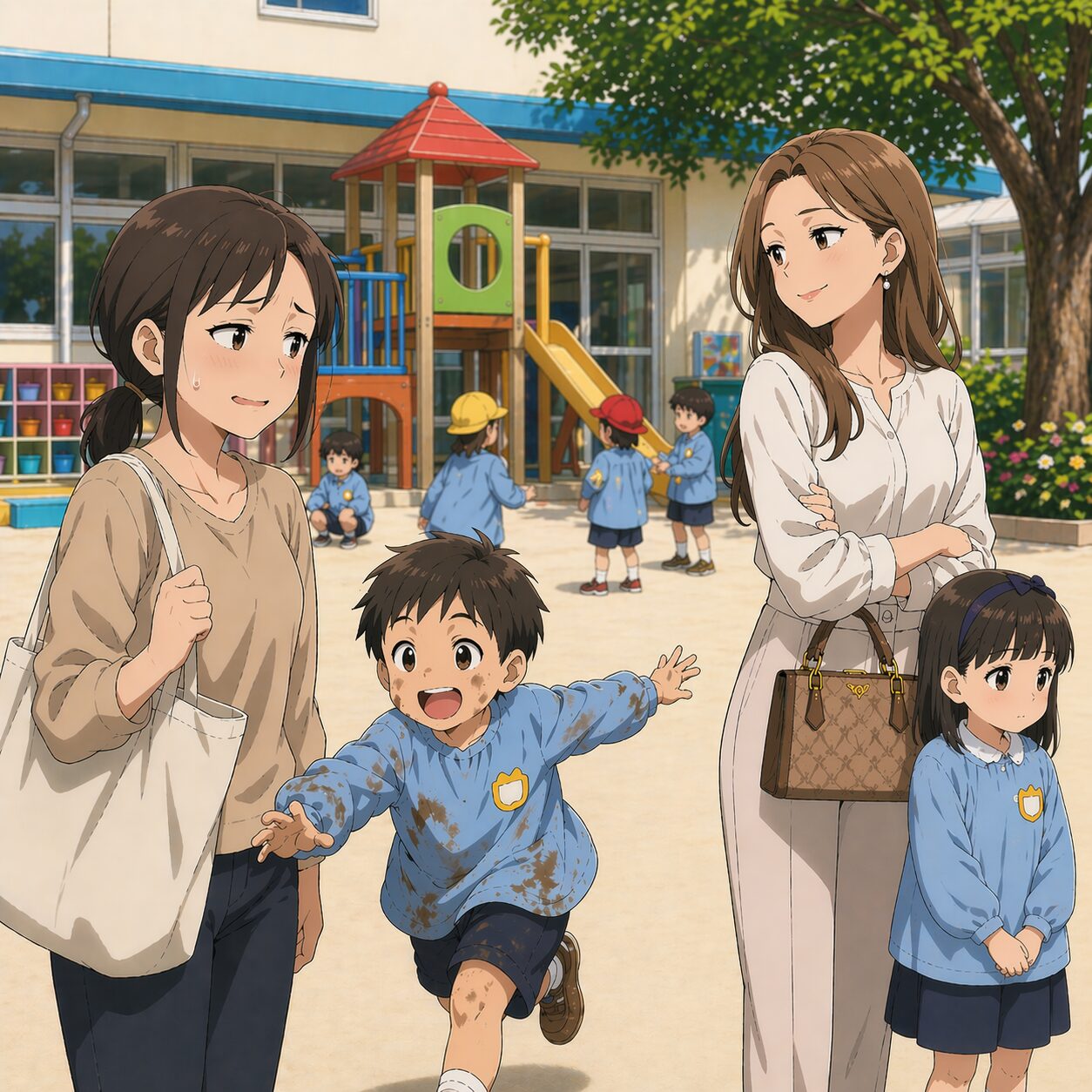 Children and two adult caretakers in a sunny playground; a muddy boy runs toward the woman in beige on the left.