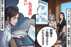 Two-panel manga: left shows a frustrated woman at a laptop, speech bubble reads 'This isn't my data'; right shows a formal meeting with a presenter and officials beside a chart.