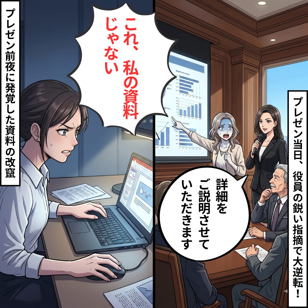 Two-panel manga: left shows a frustrated woman at a laptop, speech bubble reads 'This isn't my data'; right shows a formal meeting with a presenter and officials beside a chart.
