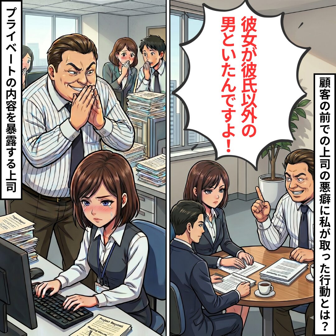 Boss looms over a worried female employee at her computer while two coworkers whisper in the background in a comic panel.