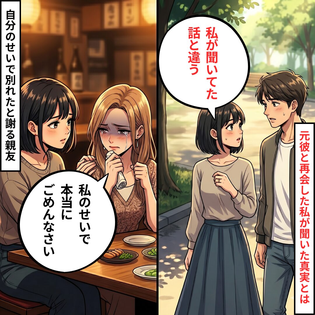Two-panel manga: left shows two women at a dim restaurant, one crying while the other consoles her; right shows a woman and man in a park talking about truth regarding an ex.