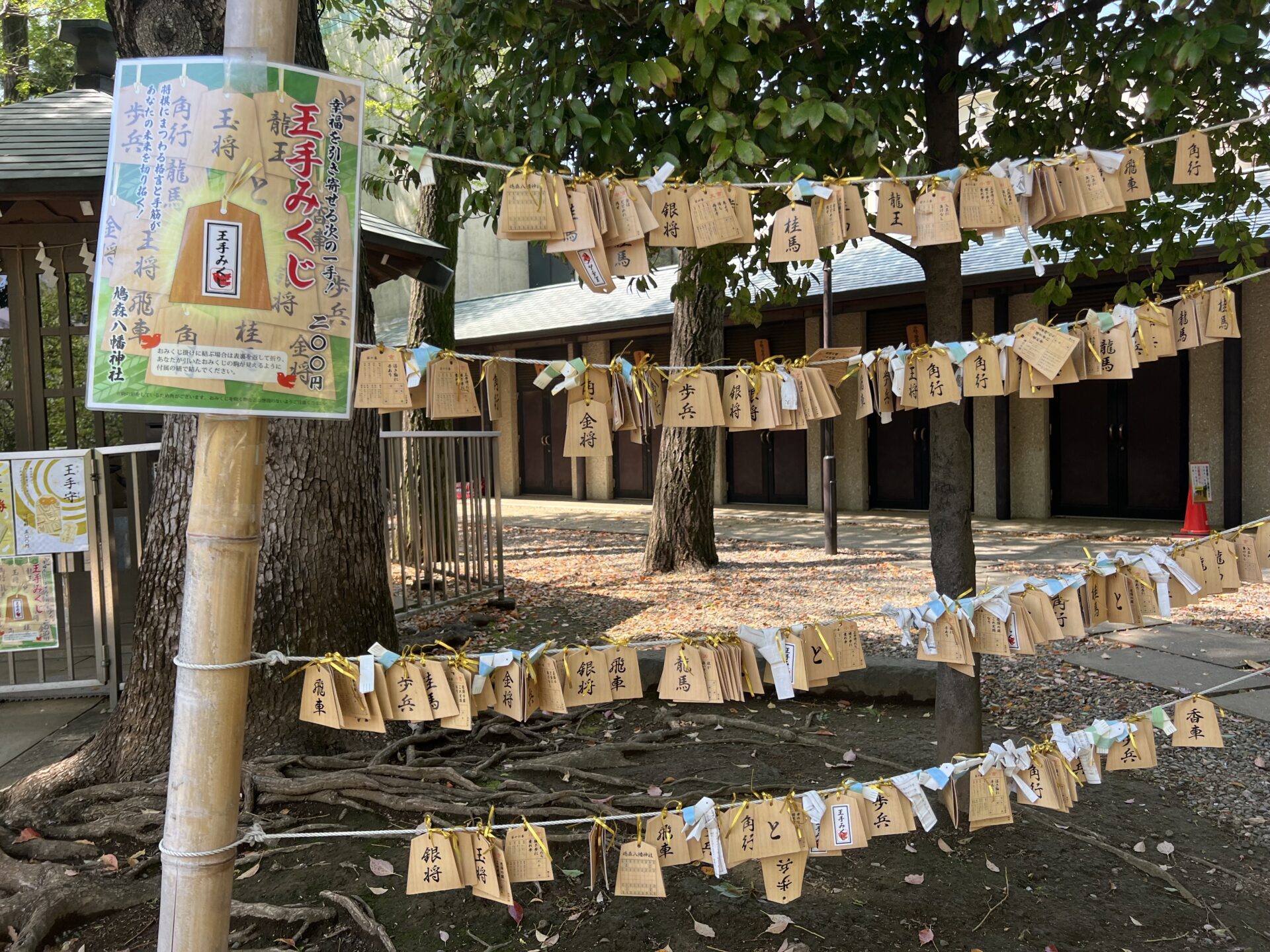 鳩森八幡神社の将棋にちなんだおみくじが結ばれた様子