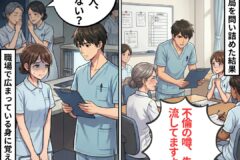 Medical staff in a hospital setting discuss rumors about two colleagues; a man reads from a tablet while others look concerned.