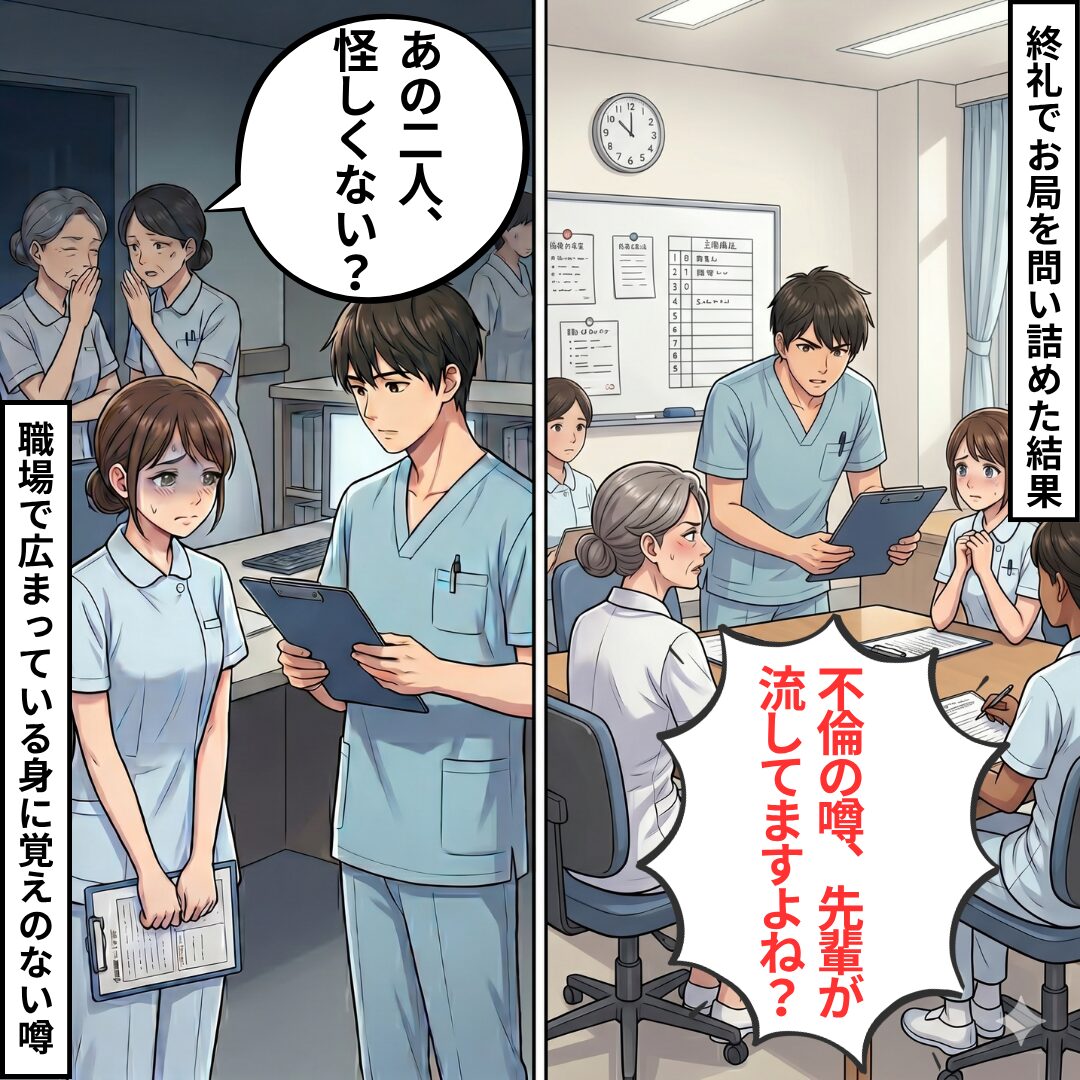Medical staff in a hospital setting discuss rumors about two colleagues; a man reads from a tablet while others look concerned.