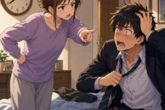 Frustrated woman points at a disheveled man in a suit who sits on a bed, hands in his hair, as he sweats during a tense confrontation in a cluttered bedroom.