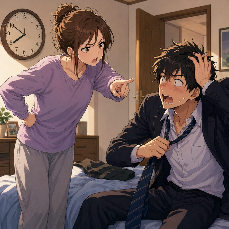 Frustrated woman points at a disheveled man in a suit who sits on a bed, hands in his hair, as he sweats during a tense confrontation in a cluttered bedroom.