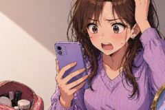 A surprised young woman in a purple sweater stares at her phone while her makeup bag lies open on the table with cosmetics nearby.