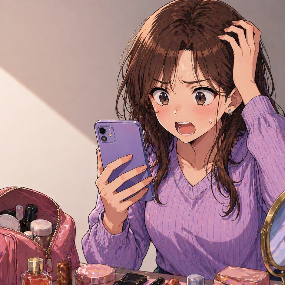 A surprised young woman in a purple sweater stares at her phone while her makeup bag lies open on the table with cosmetics nearby.