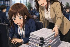 Overwhelmed woman sits at a computer as a coworker cheerfully helps heap a huge stack of papers on the desk in a busy office.