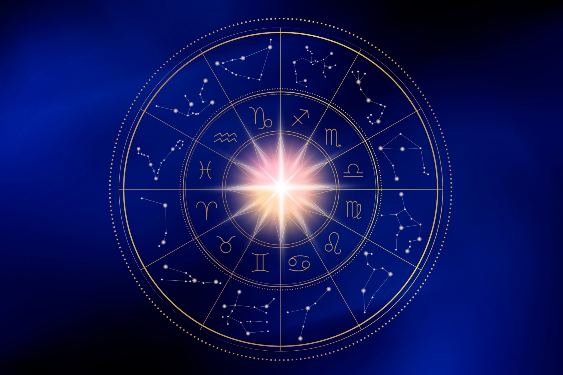Circular golden zodiac wheel with zodiac symbols, constellations, and a glowing center on a dark blue background.