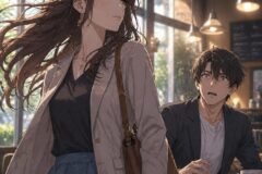 Woman in a light blazer and dark top walks past a seated man in a sunlit cafe, calm outside light streaming in.