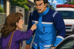 Angry woman in a purple shirt points at a tall police officer in a blue uniform on a street, near a parked car and police vehicle.
