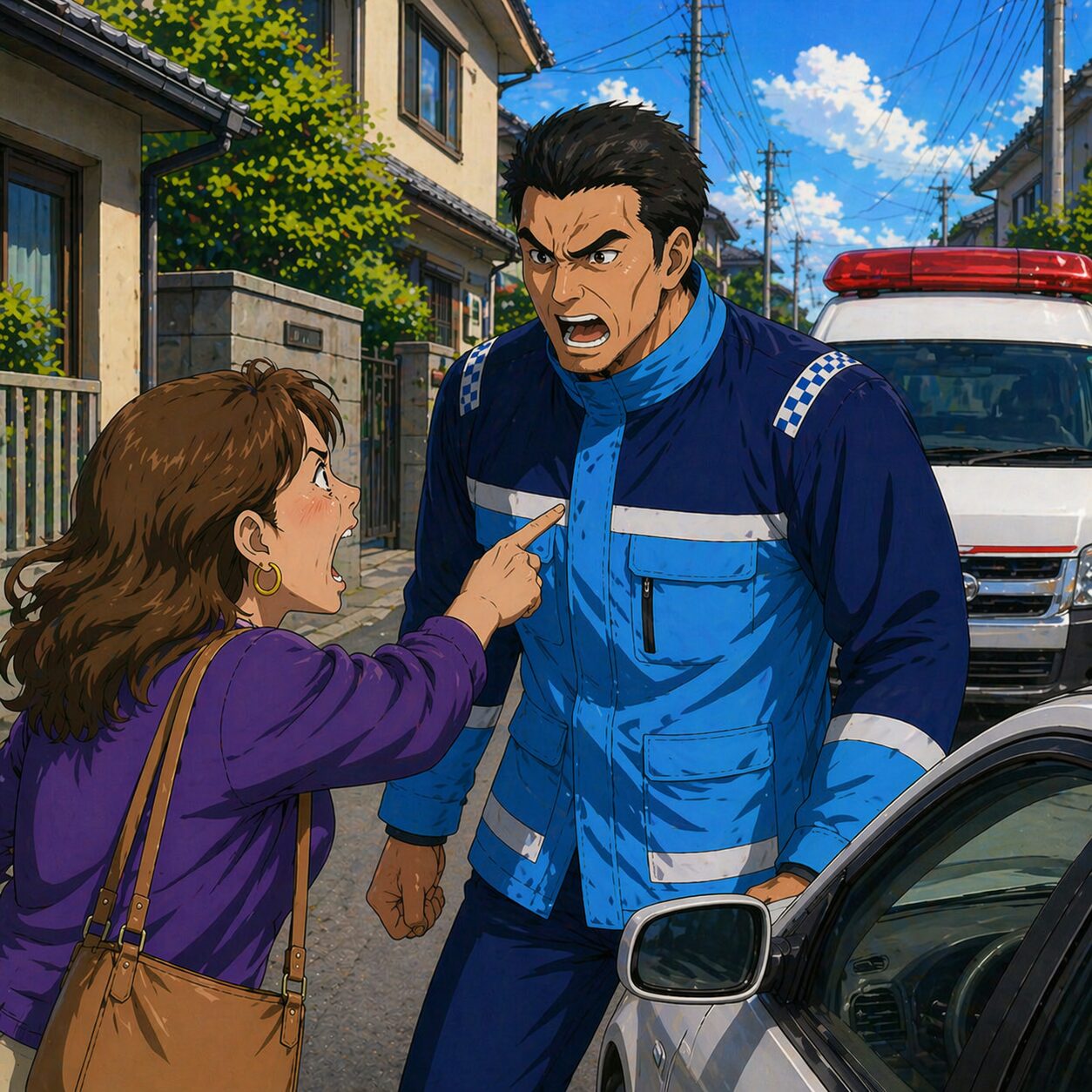 Angry woman in a purple shirt points at a tall police officer in a blue uniform on a street, near a parked car and police vehicle.