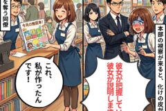 In a bookstore, a cheerful female staff member shows a colorful promo poster to customers while others look on. A second panel shows a suited man with arms crossed and a distressed colleague as banners read '大型フェア開催中'. Speech bubbles say 'これ、私が作ったんです！' and '彼女が把握しているので彼女が説明します！'