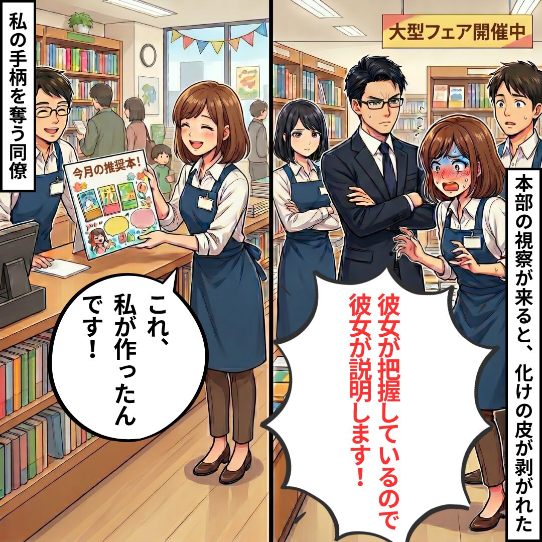In a bookstore, a cheerful female staff member shows a colorful promo poster to customers while others look on. A second panel shows a suited man with arms crossed and a distressed colleague as banners read '大型フェア開催中'. Speech bubbles say 'これ、私が作ったんです！' and '彼女が把握しているので彼女が説明します！'