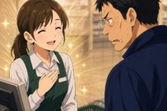 A smiling female cashier in a green apron speaks cheerfully to a sweating, anxious man at a checkout counter in a store.