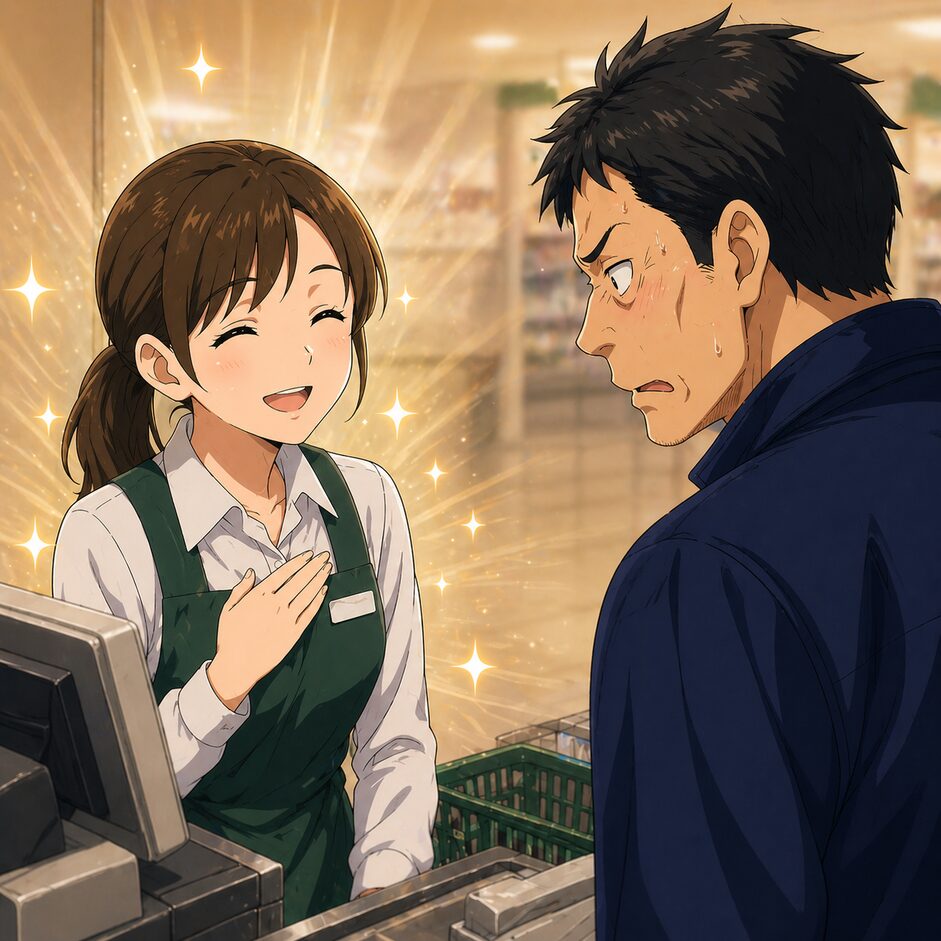 A smiling female cashier in a green apron speaks cheerfully to a sweating, anxious man at a checkout counter in a store.