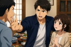 A man in a blue shirt stops another man from approaching a frightened woman at a dinner table with food and bowls around them.