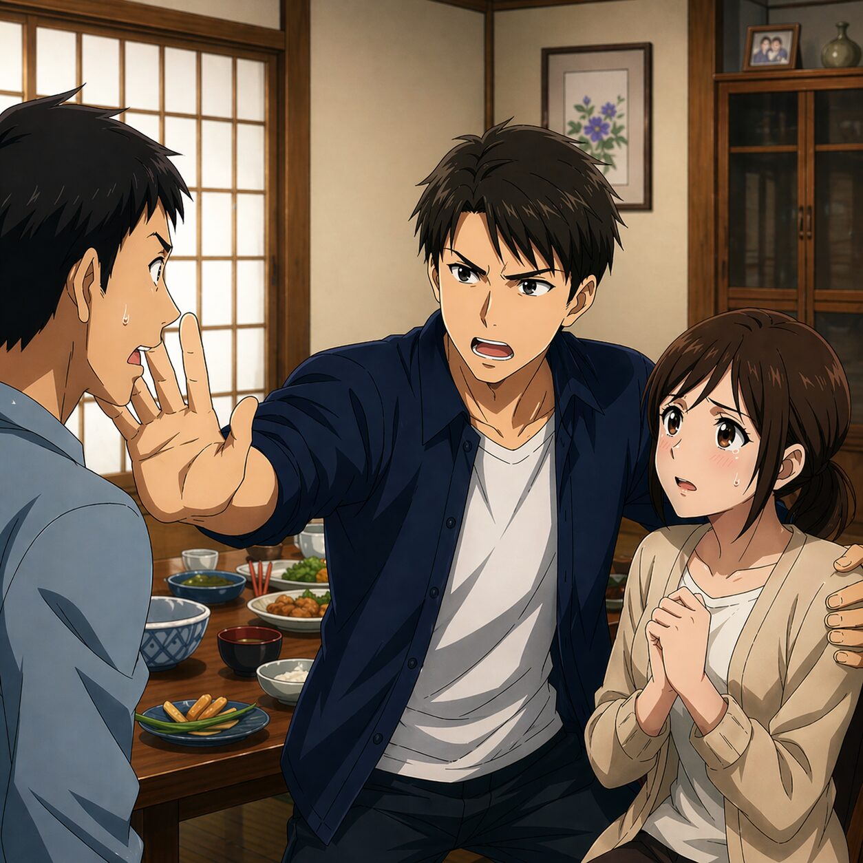 A man in a blue shirt stops another man from approaching a frightened woman at a dinner table with food and bowls around them.