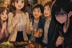A group of friends at a dinner table celebrate with drinks, while a moody girl on the right frowns and uses chopsticks.
