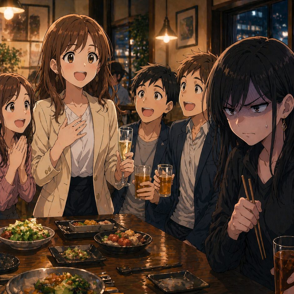 A group of friends at a dinner table celebrate with drinks, while a moody girl on the right frowns and uses chopsticks.