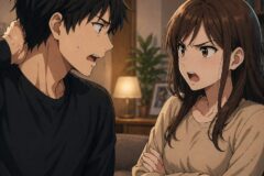 A tense conversation between a sweaty, anxious man in a black shirt and a frustrated woman with arms crossed in a cozy living room.