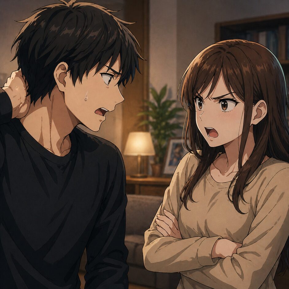 A tense conversation between a sweaty, anxious man in a black shirt and a frustrated woman with arms crossed in a cozy living room.