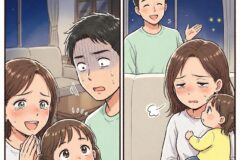 A family reunion scene: a mother and father with two young children in a living room at night, smiling and relieved as the dad returns home.