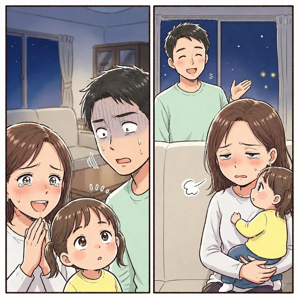 A family reunion scene: a mother and father with two young children in a living room at night, smiling and relieved as the dad returns home.