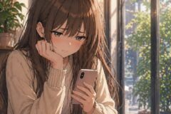 Young woman with long brown hair sits in a cozy cafe, looking at her smartphone with a sad expression.