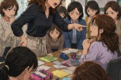 Angry teacher points and yells at a seated student as classmates look on in a crowded classroom, papers and pencils scattered on the desk in front of them.