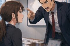 An angry man in a suit shouts and points at a surprised woman across a conference table covered with charts; a tablet shows graphs on the table.