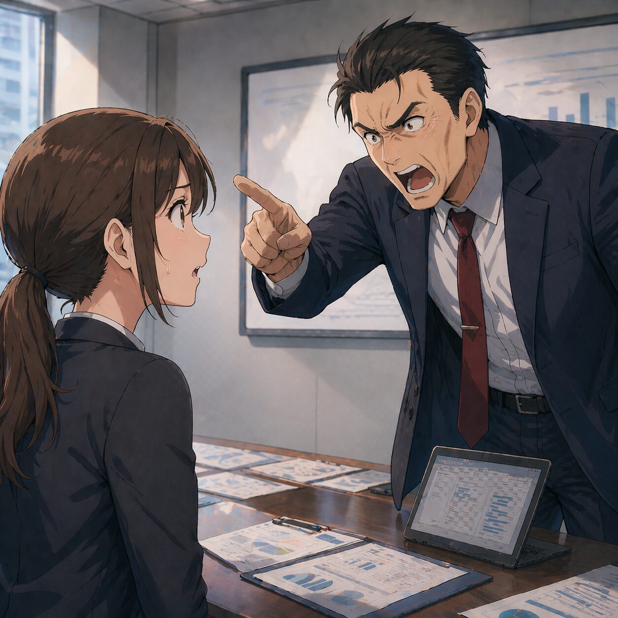 An angry man in a suit shouts and points at a surprised woman across a conference table covered with charts; a tablet shows graphs on the table.