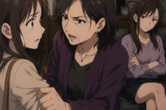 Two women confront each other closely: one grabbing the other's arm while the other looks surprised, in a living room. A third woman sits on a sofa in the background with arms crossed.