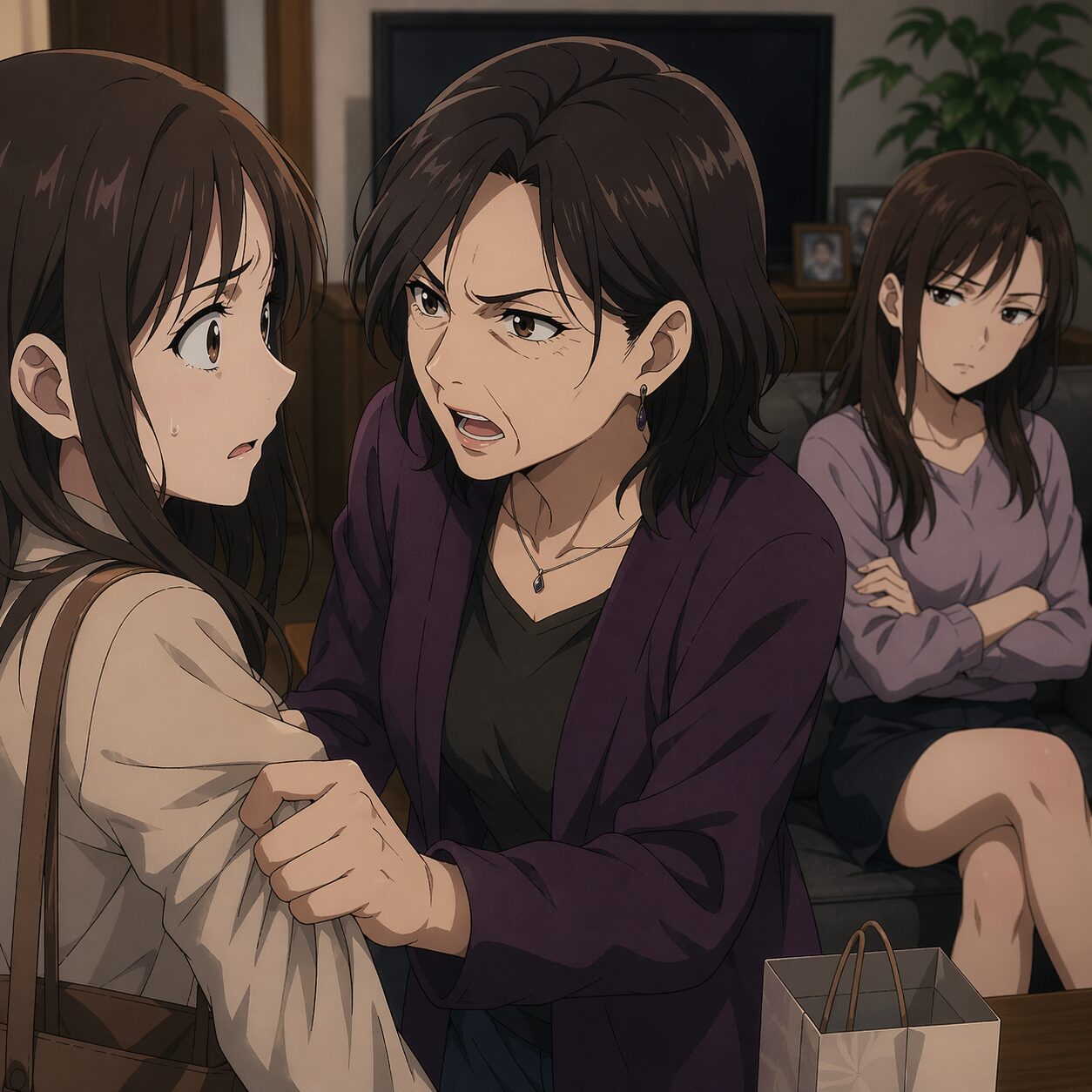Two women confront each other closely: one grabbing the other's arm while the other looks surprised, in a living room. A third woman sits on a sofa in the background with arms crossed.