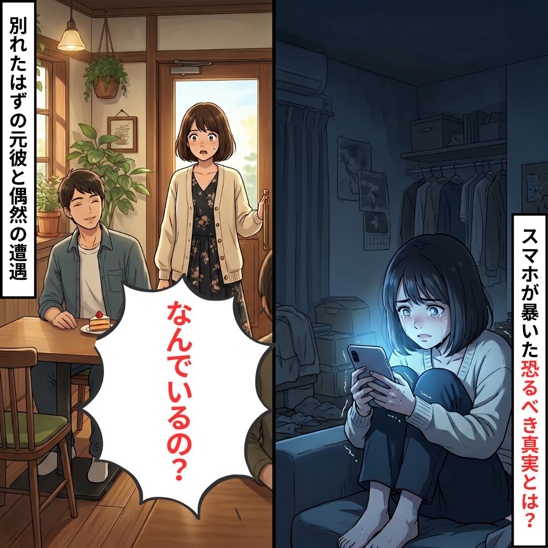 Split-panel manga: left shows a surprised woman entering a cozy cafe where a man sits with cake; right shows a sad girl in a dark room crying while looking at her phone.
