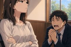 Woman calmly sits with arms crossed while a grieving man in a suit pleads or cries beside her in a sunlit office.