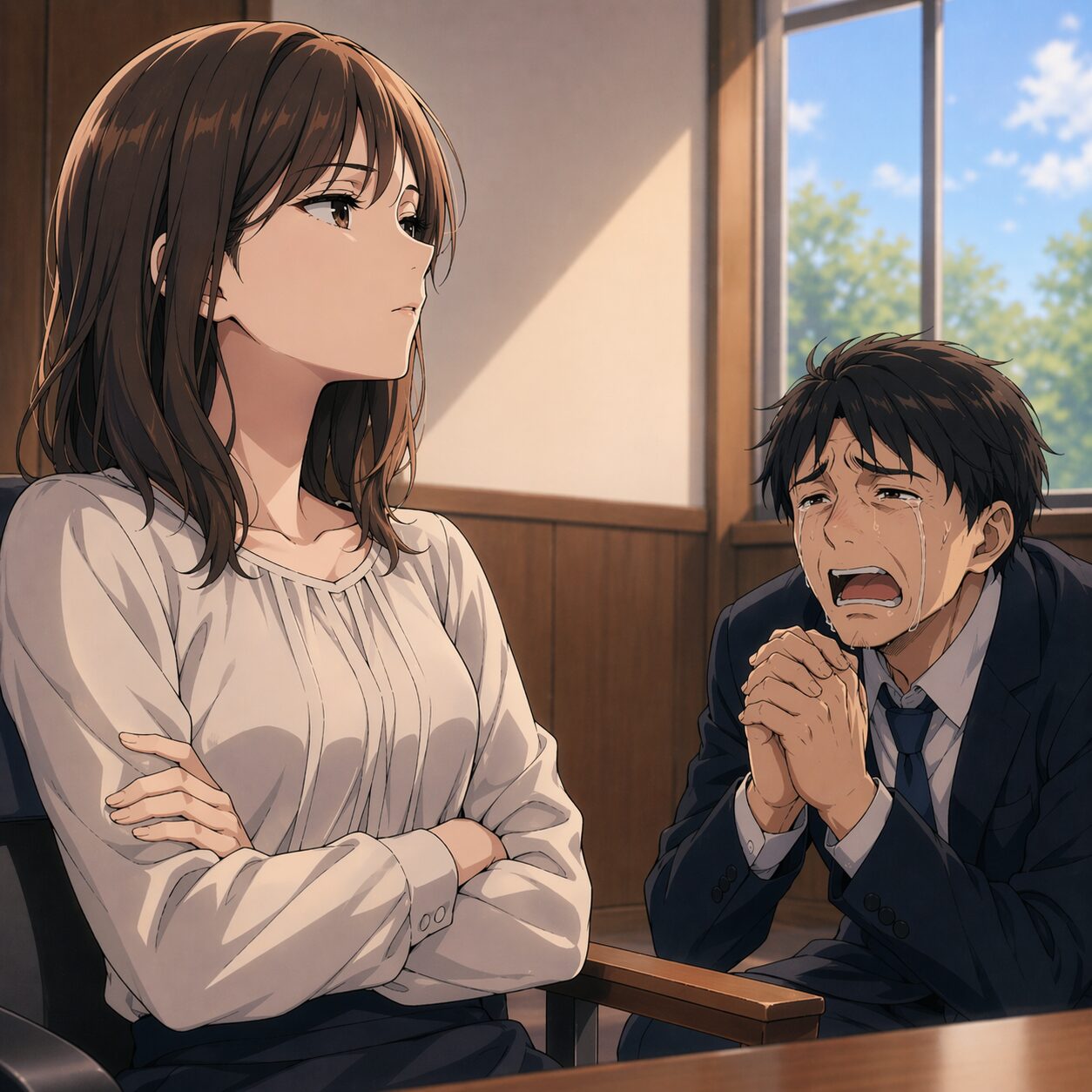 Woman calmly sits with arms crossed while a grieving man in a suit pleads or cries beside her in a sunlit office.