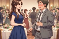 A man in a gray suit looks flustered as a woman in a blue dress smiles at him at a formal reception.