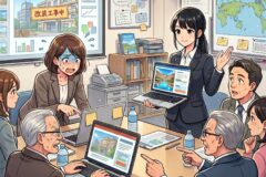 Team of professionals in a conference room; a presenter shows a laptop displaying hotel renovation plans, others react.