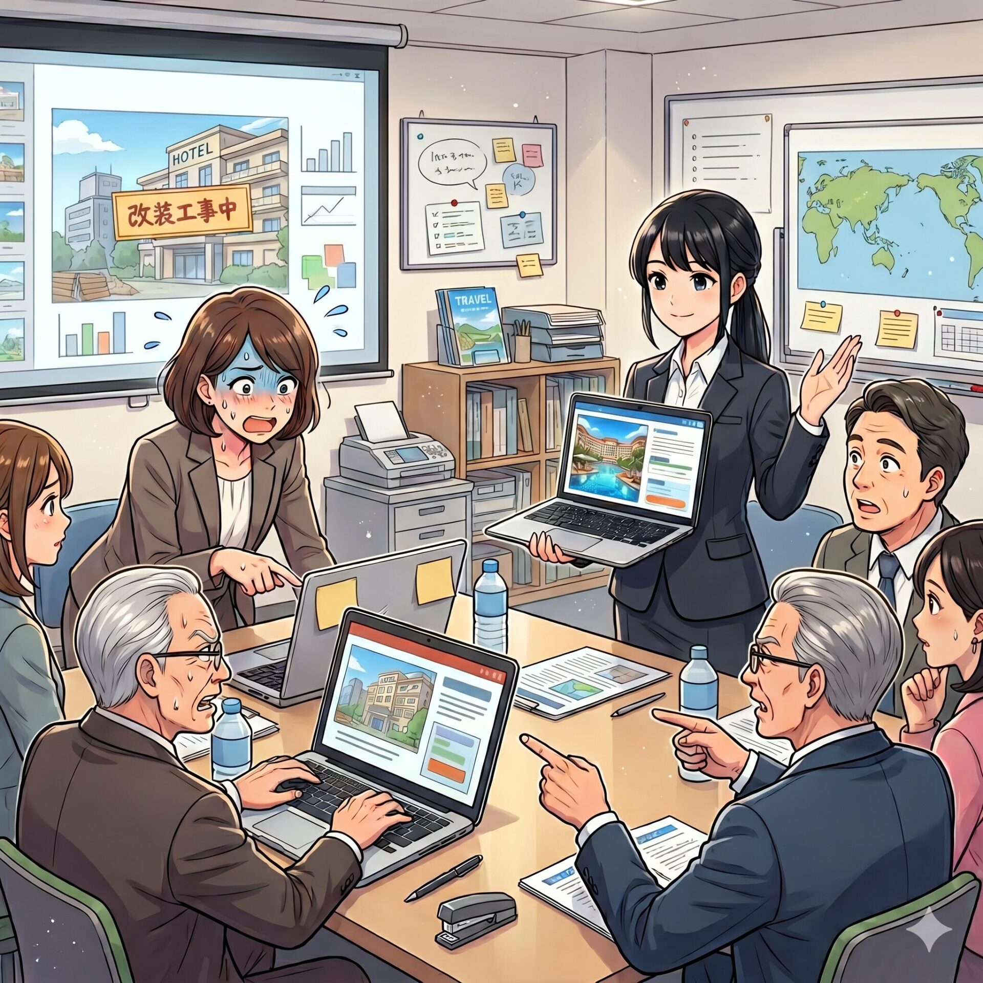 Team of professionals in a conference room; a presenter shows a laptop displaying hotel renovation plans, others react.