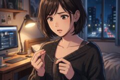 Young woman with short brown hair holds a silver necklace in a cozy dorm at night, looking surprised.
