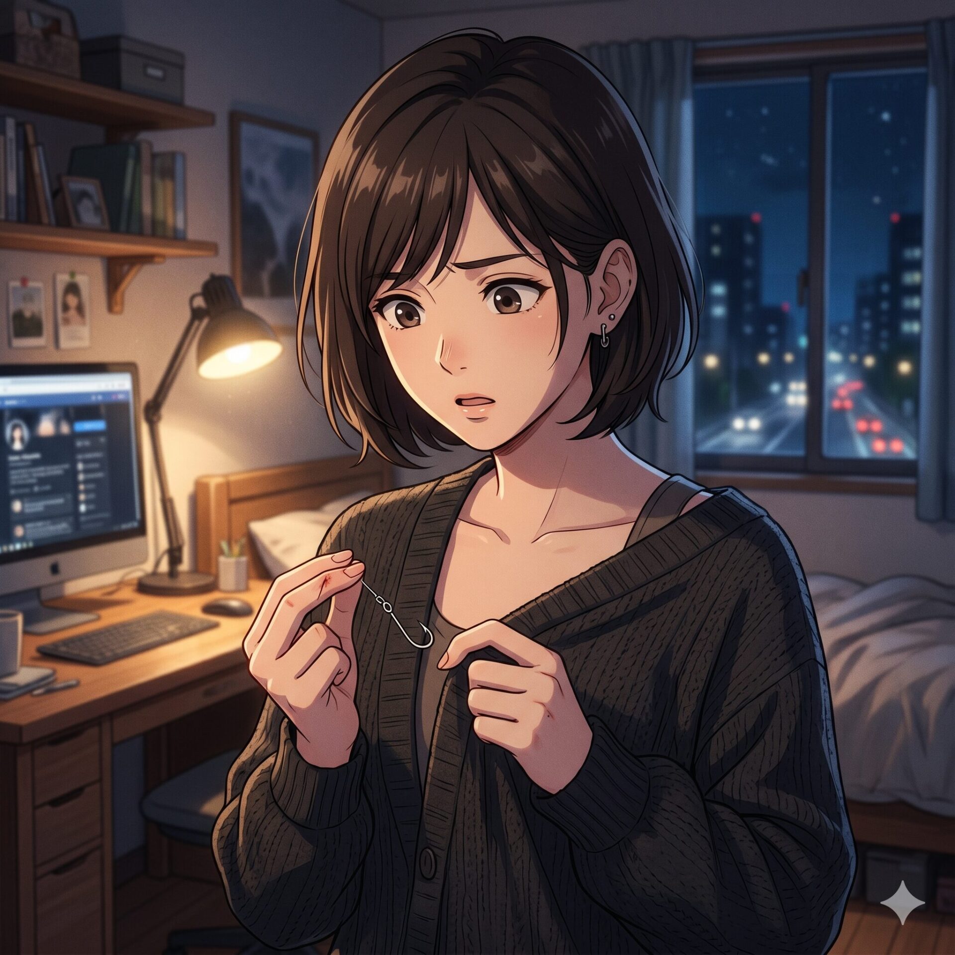 Young woman with short brown hair holds a silver necklace in a cozy dorm at night, looking surprised.