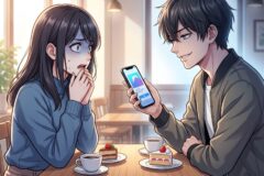 A man shows his phone to a surprised woman at a cafe, as desserts and coffee sit on the table between them.