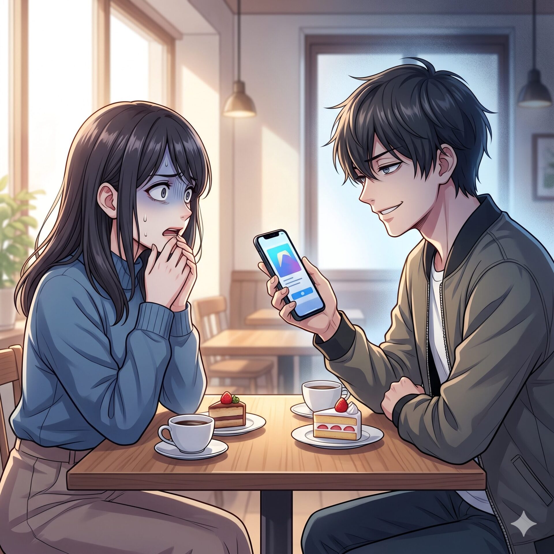 A man shows his phone to a surprised woman at a cafe, as desserts and coffee sit on the table between them.