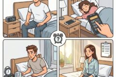 Man sits on the edge of a bed in a bedroom, looking frustrated as a 7:00 alarm clock glows on the nightstand beside him.